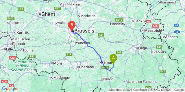Map: Brussels Midi Train Station to Ohey