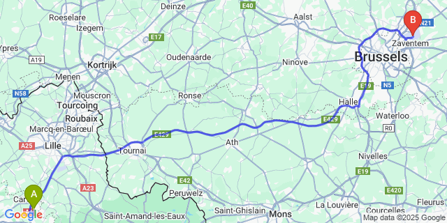 Map: Brussels Zaventem Airport (BRU) to Oignies