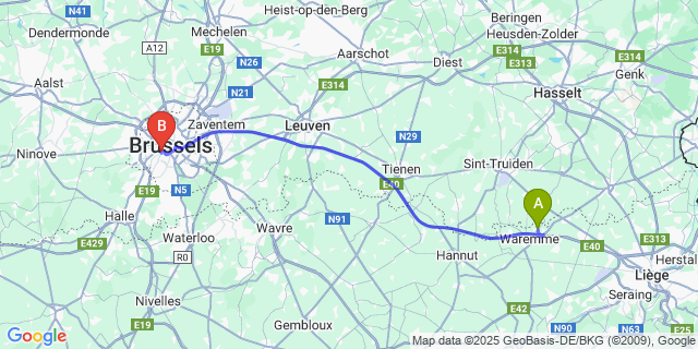 Map: Brussels Midi Train Station to Oleye