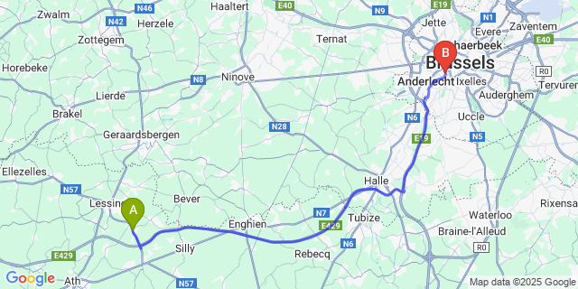 Map: Brussels Midi Train Station to Ollignies