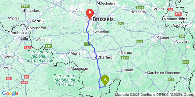 Map: Brussels Midi Train Station to Olloy-Sur-Viroin