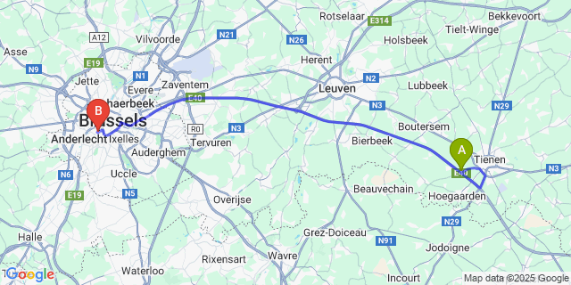 Map: Brussels Midi Train Station to Oorbeek