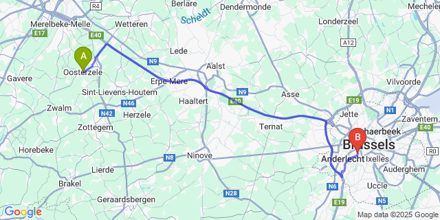 Map: Brussels Midi Train Station to Oosterzele