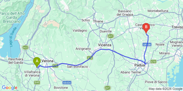Map: Verona Villafranca Airport (VRN) to Brunico