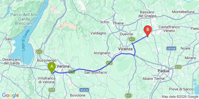 Map: Verona Villafranca Airport (VRN) to Campitello di Fassa