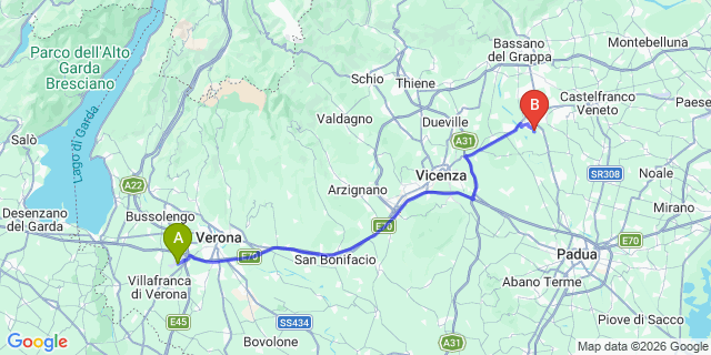 Map: Verona Villafranca Airport (VRN) to Canazei