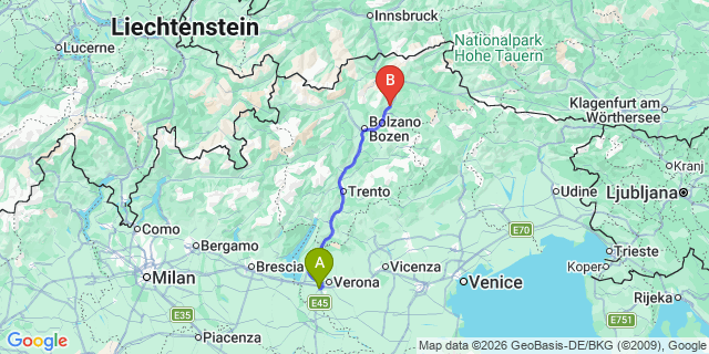 Map: Verona Villafranca Airport (VRN) to Chiusa (Val Gardena)