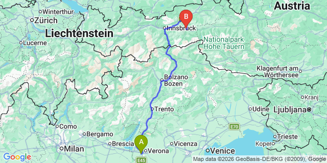 Map: Verona Villafranca Airport (VRN) to Colfosco