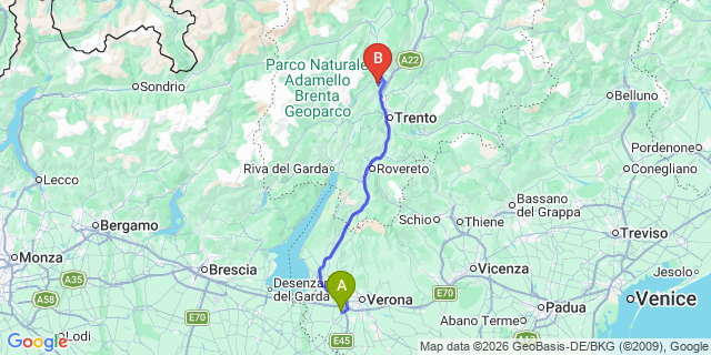 Map: Verona Villafranca Airport (VRN) to Fai della Paganella