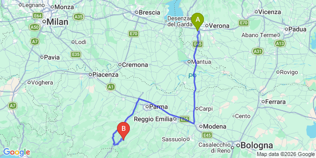 Map: Verona Villafranca Airport (VRN) to Fidenza