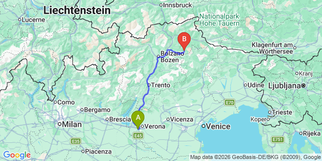 Map: Verona Villafranca Airport (VRN) to La Villa (Italy)