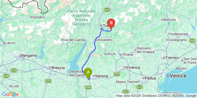 Map: Verona Villafranca Airport (VRN) to Levico Terme