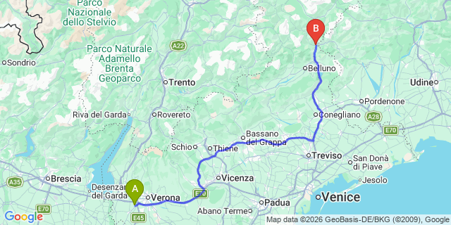 Map: Verona Villafranca Airport (VRN) to Longarone
