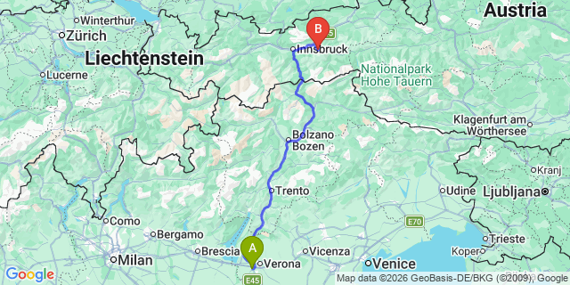 Map: Verona Villafranca Airport (VRN) to Mazzin di Fassa