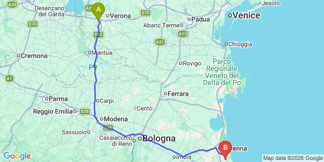 Map: Verona Villafranca Airport (VRN) to Mirabilandia