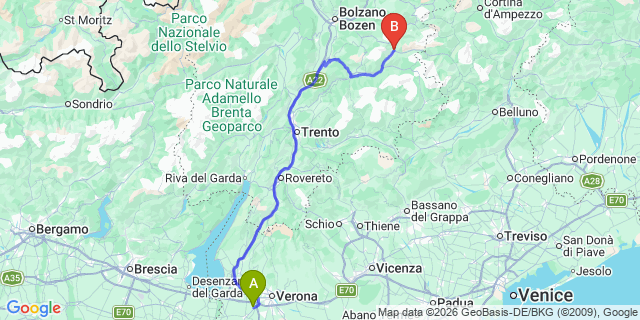 Map: Verona Villafranca Airport (VRN) to Moena (Italy)