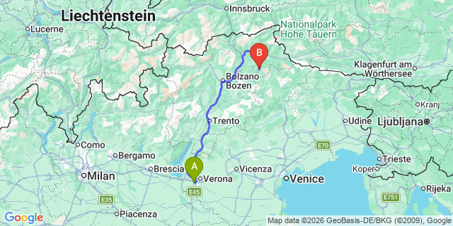 Map: Verona Villafranca Airport (VRN) to Pedraces (Val Badia)