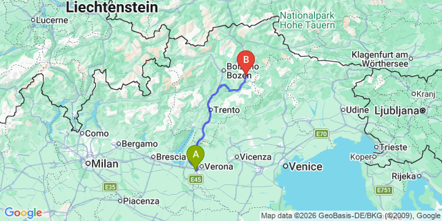 Map: Verona Villafranca Airport (VRN) to Pera di Fassa