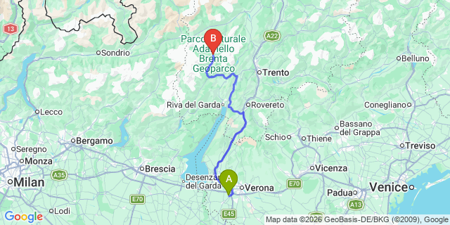 Map: Verona Villafranca Airport (VRN) to Pinzolo