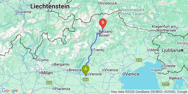Map: Verona Villafranca Airport (VRN) to Ponte Gardena (Val Gardena)