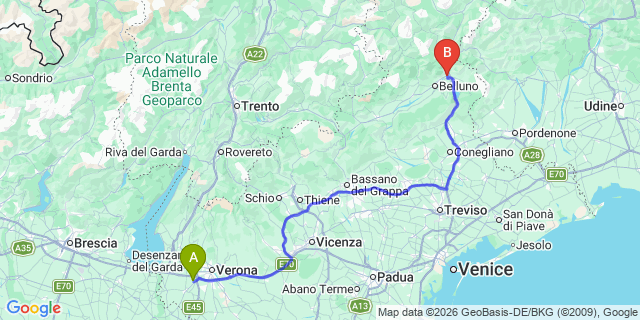 Map: Verona Villafranca Airport (VRN) to Ponte nelle Alpi