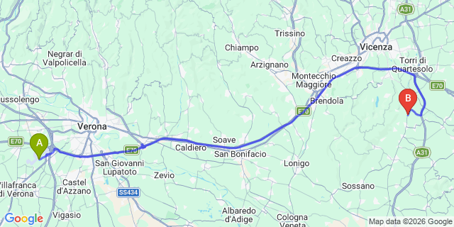 Map: Verona Villafranca Airport (VRN) to Predazzo