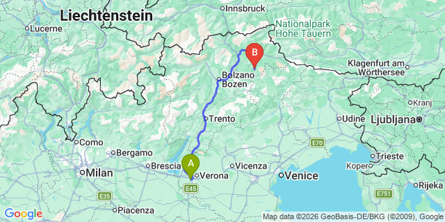 Map: Verona Villafranca Airport (VRN) to San Leonardo in Badia