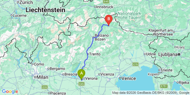 Map: Verona Villafranca Airport (VRN) to San Lorenzo di Sebato