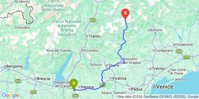 Map: Verona Villafranca Airport (VRN) to San Martino di Castrozza