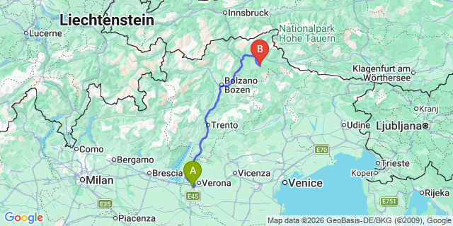 Map: Verona Villafranca Airport (VRN) to San Vigilio di Marebbe