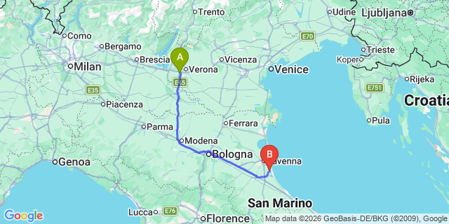Map: Verona Villafranca Airport (VRN) to Savio Ravenna