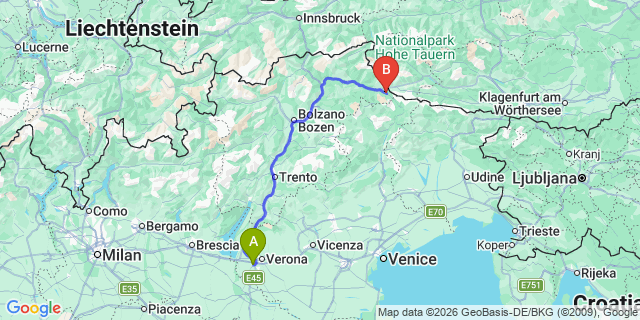 Map: Verona Villafranca Airport (VRN) to Sesto (Val Pusteria)