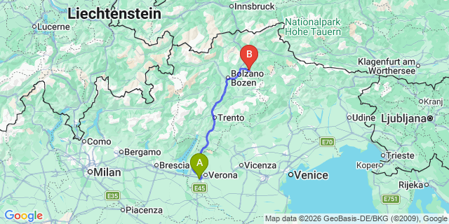 Map: Verona Villafranca Airport (VRN) to St Ulrich