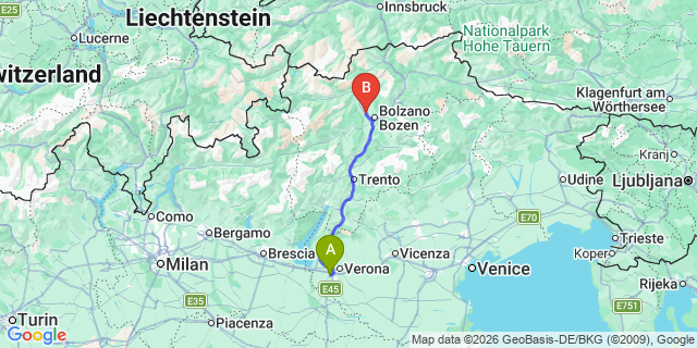 Map: Verona Villafranca Airport (VRN) to Terlano