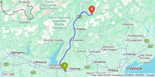 Map: Verona Villafranca Airport (VRN) to Tesero (Val di Fiemme)