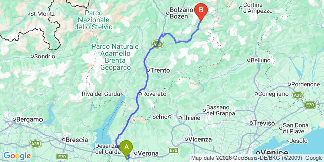 Map: Verona Villafranca Airport (VRN) to Val di Fassa
