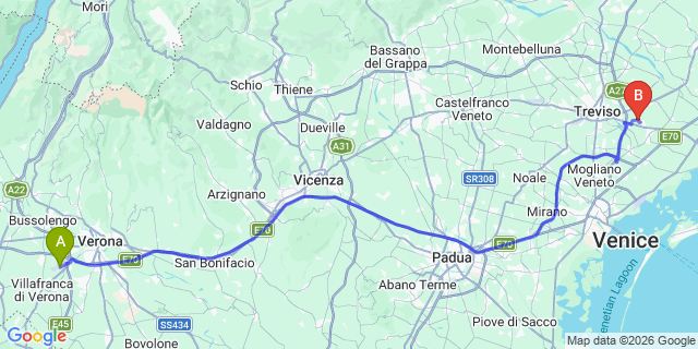 Map: Verona Villafranca Airport (VRN) to Venice Airport
