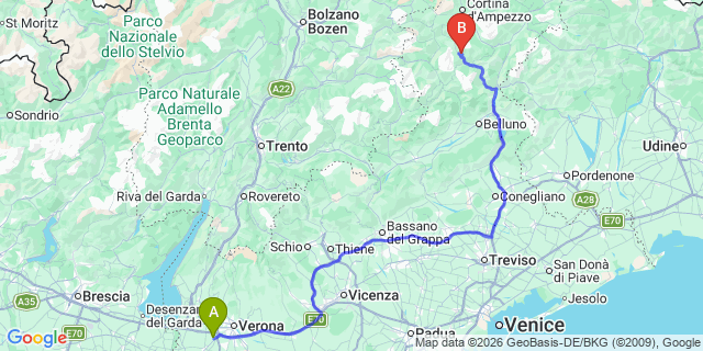 Map: Verona Villafranca Airport (VRN) to Zoldo Alto