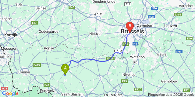 Map: Brussels Midi Train Station to Ormeignies