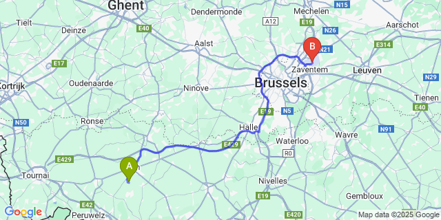Map: Brussels Zaventem Airport (BRU) to Ormeignies