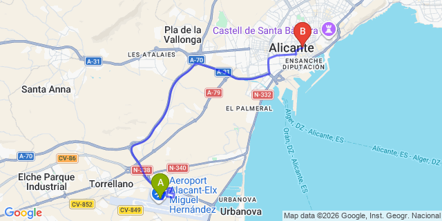 Map: Alicante Airport (ALC) to Alicante city (all areas)