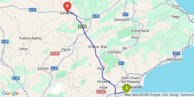 Map: Alicante Airport (ALC) to Almansa
