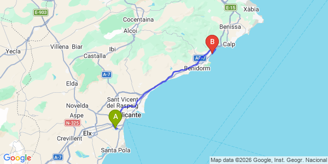 Map: Alicante Airport (ALC) to Altea La Vella (Hills)