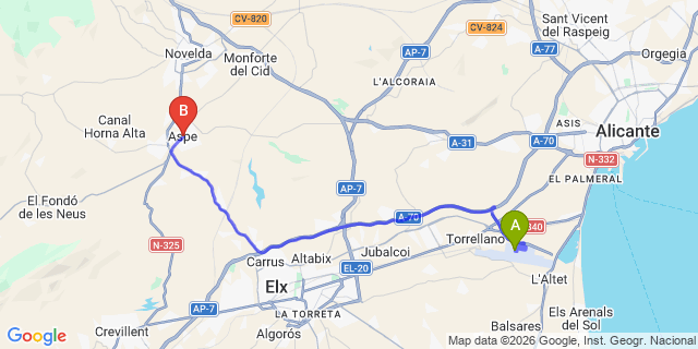 Map: Alicante Airport (ALC) to Aspe