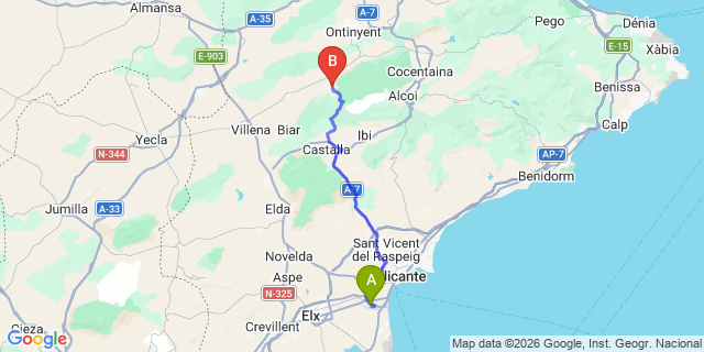 Map: Alicante Airport (ALC) to Banyeres de Mariola