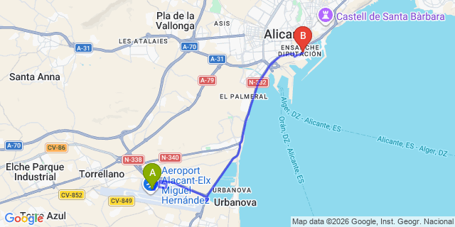 Map: Alicante Airport (ALC) to Blanca