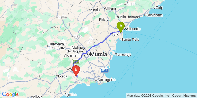 Map: Alicante Airport (ALC) to Camposol Golf Resort (Mazarron)