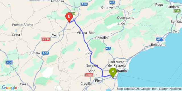Map: Alicante Airport (ALC) to Caudete