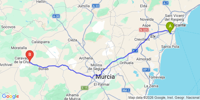 Map: Alicante Airport (ALC) to Cehegin