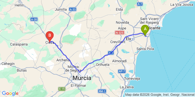 Map: Alicante Airport (ALC) to Cieza